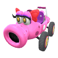 a pink toy car with a purple seat and a purple handle