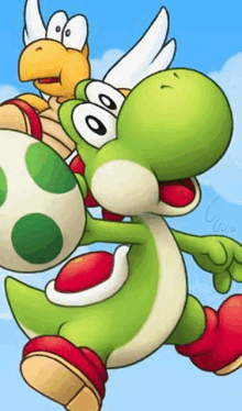 a cartoon of a green yoshi holding an egg next to another yoshi .