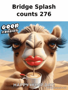 a camel with red lips drinking from a cup