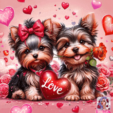 two yorkshire terrier puppies holding a heart that says love