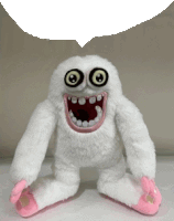 a white stuffed animal with a speech bubble above its head