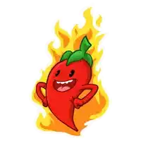 a cartoon illustration of a red chili pepper with flames around it