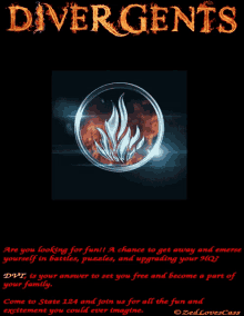 a poster that says divergents with a picture of a fire symbol