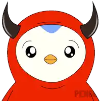 a penguin with horns is holding a knife in its mouth and the word pengo is below it