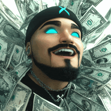 a man with a beard and blue eyes is surrounded by hundred dollar bills