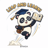 a panda bear wearing a graduation cap is holding a book with the words leap and learn behind him