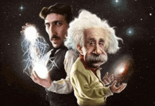 a cartoon of tesla and albert einstein holding lightning bolts