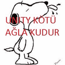 a black and white drawing of snoopy crying with the words `` unity kotu agla kudur '' written in red .