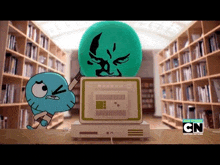 gumball from the amazing world of gumball is standing next to a machine in a library .