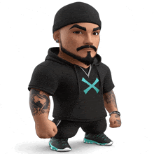 a cartoon character is wearing a black hoodie with an x on the front