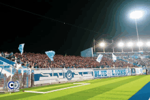 a soccer stadium with a banner that says blue lions