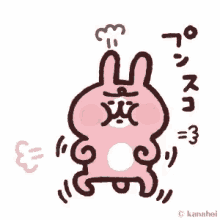 a pink rabbit is standing upside down on its back with a smoke coming out of its mouth .