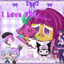 a picture of a girl with purple hair and the words " i love you "