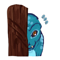 a drawing of a blue monster peeking out from behind a tree