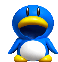 a blue penguin with a yellow beak and a white belly