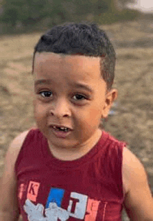 a young boy wearing a red tank top is standing in a field .