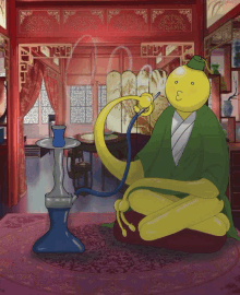 a cartoon character smoking a hookah in a room with chinese writing on the wall