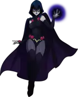 a drawing of raven with purple eyes and a hood