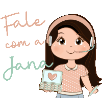 a girl wearing headphones and holding a laptop with the words fale com a jana behind her