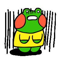 a green frog wearing a yellow shirt and orange ears is standing in front of a wall .