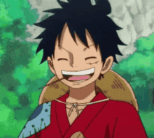 monkey d luffy from one piece is smiling with his eyes closed and his mouth open .