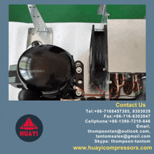 a contact us page for huayi compressors shows the phone number and email address