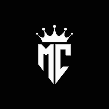 the mc logo with a crown on a black background