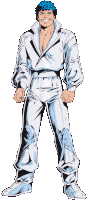 a drawing of a man with blue hair wearing white pants