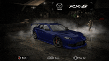 a blue mazda rx8 is displayed on a video game screen