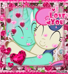 a picture of two ponies hugging each other with the words i love you on it