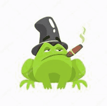 a frog in a top hat is smoking a cigar .