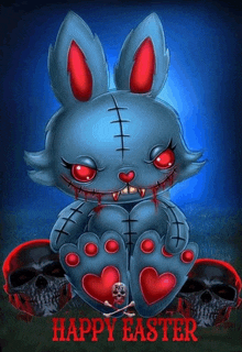 a picture of a blue bunny with skulls and the words happy easter