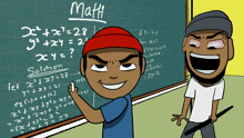 two cartoon characters are standing in front of a blackboard that says math on it