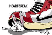 a cartoon of bugs bunny laying under a shoe that says heartbreak on it