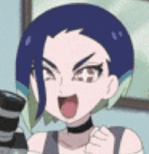 a cartoon girl with blue hair and green hair is holding a camera and making a funny face .
