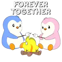 a cartoon of two penguins roasting marshmallows over a campfire with the caption forever together
