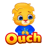 a cartoon bear with a crown on his shirt is standing next to the word " ouch "