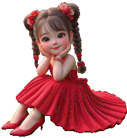 a little girl wearing a red dress and red shoes