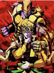 a cartoon drawing of dio and the world standing next to each other