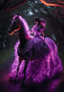 a woman in a purple dress is riding a horse in the woods .