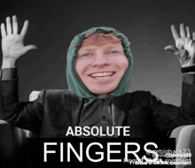 a black and white photo of a man with his hands in the air and the words absolute fingers on the bottom