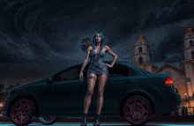 a woman in a short dress is standing next to a black car