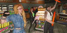 a group of women are dancing in front of a self service section