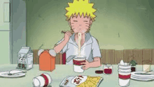 a cartoon character is sitting at a table eating ramen with chopsticks .