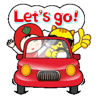 a cartoon illustration of a girl and a cat in a car with the words let 's go