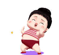 a cartoon girl in red shorts and a striped shirt is making a funny face