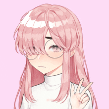 a girl with pink hair and glasses is giving a peace sign