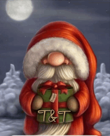 a gnome holding a gift with the letters t & t on the bottom