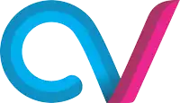 a blue and pink cv logo with a pink v in the middle