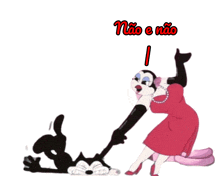 a cartoon cat is being pulled by a woman with the words não e não in red